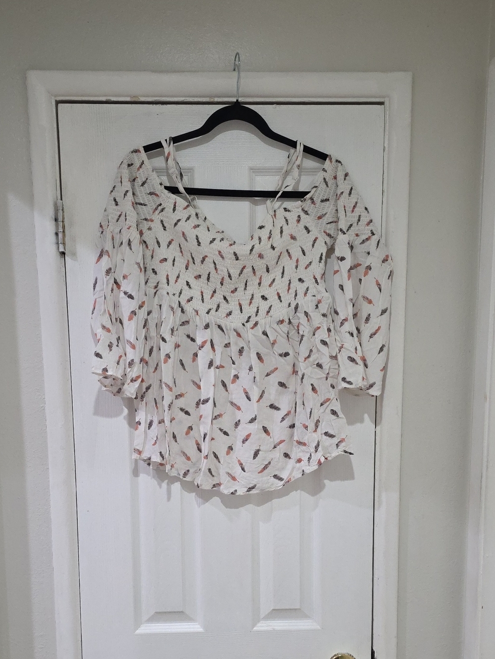 torrid Cream Sheer Smocked Blouse with Feather Print